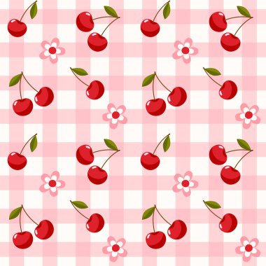 Kırmızı kirazlı, yeşil yapraklı, kusursuz vektör deseni ve pembe gingham kontrol arkaplanındaki basit çiçekler. Tekstil, kumaş baskıları, yaz arkaplanları için düz tasarım.
