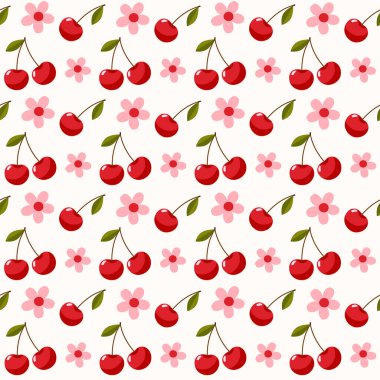 Kırmızı kirazlı kusursuz vektör deseni ve yumuşak krema arka planında basit pembe çiçekler. Düz tasarım tekstil, kumaş baskıları ve neşeli yaz veya bahar temalı arka planlar için mükemmeldir.