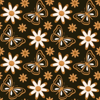 Şekillendirilmiş kelebekler ve papatya çiçekleriyle kusursuz tekrarlayan vektör deseni. Duvar kağıdı, tekstil, ambalaj, kumaş baskısı, dijital arkaplan tasarımı.