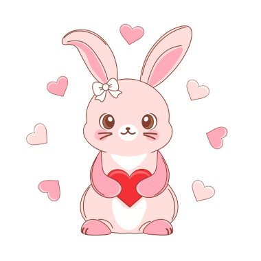 Kalbi tutan sevimli pembe çizgi film tavşanı. Beyaz arkaplanda izole edilmiş vektör klipsi sanatı Sevgililer Günü tasarımları, tebrik kartları, çıkartmalar için uygun.