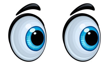 Bir çift açık, anlamlı çizgi film gözleri parlak mavi süsenleri ve koyu renk gözbebekleri var. Gözler yana bakıyor, şaşkınlık, merak ya da şüphe dolu bir bakış sergiliyor. Karakter yaratmak, maskotlar ve mizahi grafik tasarımı için mükemmel..