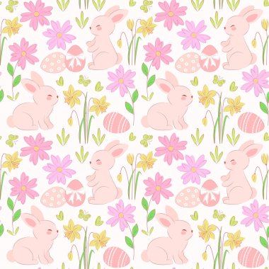 Pembe Paskalya tavşanları, bahar çiçekleri ve açık arkaplanda süslü yumurtalar. El çizimi, düz vektör tarzı. Tatil ambalaj kağıdı, kumaş baskısı, çocuk odası dekoru, mevsimlik tasarım için ideal.