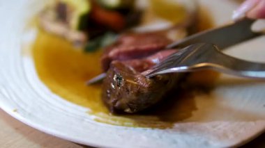 Altın karamel-kahverengi soslu orta pişmiş lama bifteğin yakın çekimi, canlı sebzelerle dolu beyaz bir tabakta servis edilir..