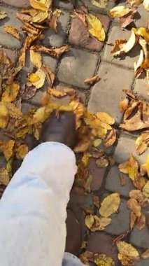 Sarı sonbahar yapraklarıyla kaplı, mavi kot pantolonlu ve kahverengi çizmeli bacaklar şık mevsimlik ortam, rahat sonbahar havası ve doğal kentsel hareketler yaratıyor..