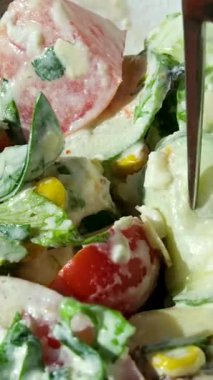 Çatalla Sezar salatası yemek. Tavuk fileto, marul, domates, bıldırcın yumurtası, kızarmış ekmek ve parmesan peynirinden yapılmış sağlıklı bir salata. Yüksek kalite 4k görüntü