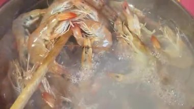 Kral karidesler kaynamış suyun içinde paslanmaz çelik tencerede pişiyor ve tabaklarını kaymağıyla kaplıyor, yakın çekim. Yüksek kalite 4k görüntü