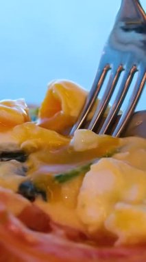 Yumurtanın sarısı masa bıçağıyla zarif bir şekilde kesilmiş güneşli tarafını yakından çek. Bu cezbedici kahvaltı yemeği ağız sulandırıcı bir kombinasyon içeriyor: Belçika waffle 'ının üzerinde kızarmış yumurta dinleniyor. 4k