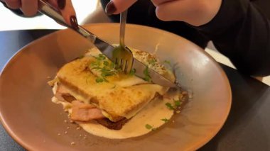 Erimiş mozzarella peyniri ile taze pişmiş yumurta ve jambonlu sandviç kesiyorum. Yüksek kalite 4k görüntü