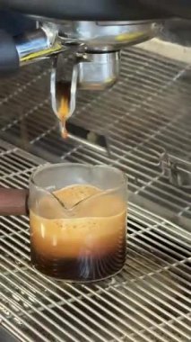 Dipsiz filtresi olan profesyonel bir kahve makinesinden Espresso kahve özütü yakın plan. Kahve fincana akıyor. Kahve aroması ve sıcak dükkan atmosferi. Yüksek kalite 4k