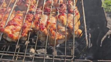 Kamp ateşinde, dışarıda, kömürün üstünde tavuk kanatları ve bacakları kızartıyoruz. Yüksek kalite 4k görüntü