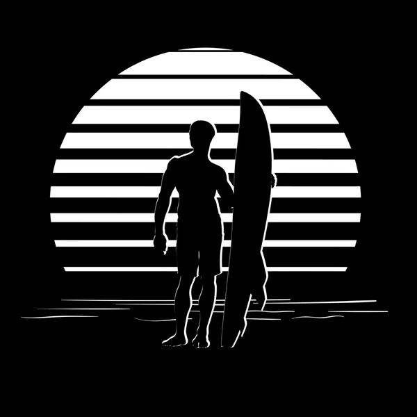 Logo rayures noir et blanc avec silhouette surfeur — Image vectorielle