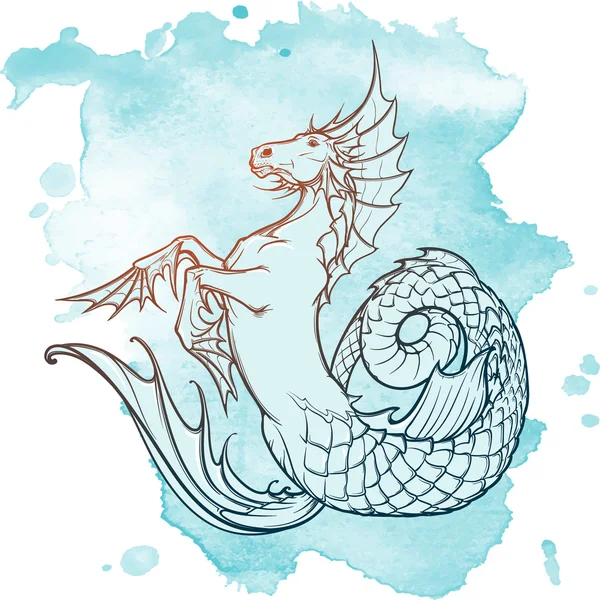 Hippocampus oder Kelpie übernatürliche Bestie. Skizze auf Grunge-Hintergrund — Stockvektor