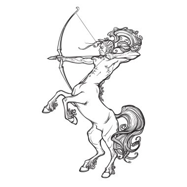 Rearing Centaur holding bow and arrow. Vintage style sketch. clipart