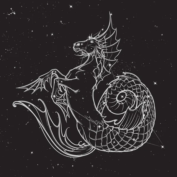 Hipocampo o kelpie criatura mitológica. Boceto sobre un fondo nocturno . — Vector de stock
