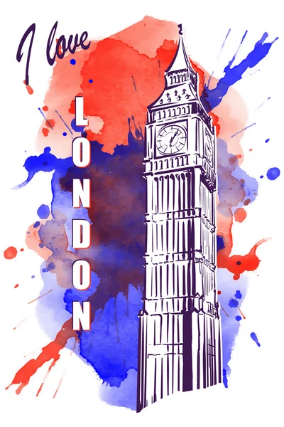 Big Ben na akvarel místě červená modrá — Stockový vektor