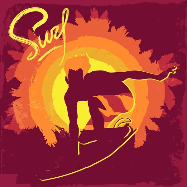 Silhouette Surfer di uno sfondo viola — Vettoriale Stock
