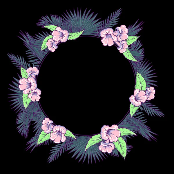 Palm leaves and flowers circle frame on black BG — Stock Vector