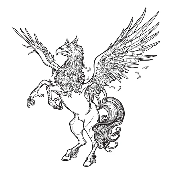 Hippogriff ou Hippogryph besta sobrenatural. Esboço sobre um fundo branco — Vetor de Stock