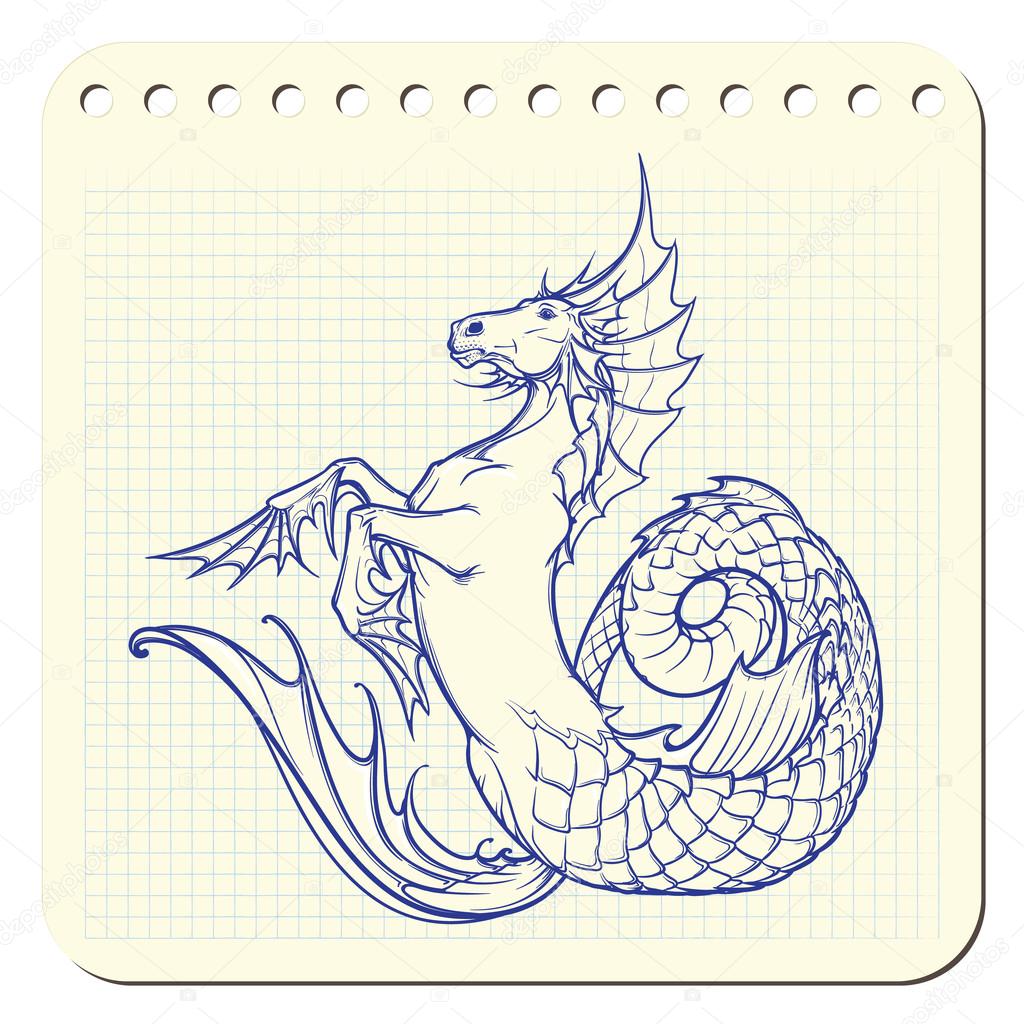 Créature mythologique grec de hippocampe Cheval de l eau Kelpie écossais conte de fées Dessin   la main le bloc notes Illustration vectorielle Eps10