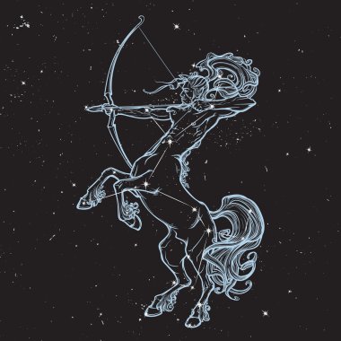 Rearing Centaur holding bow and arrow. Night sky background. clipart