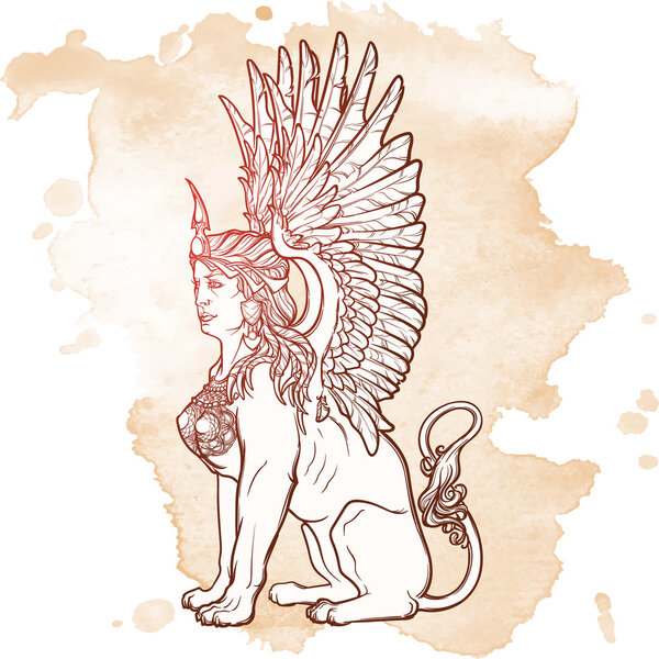 Sketch drawing of sitting sphinx isolated on grunge background.