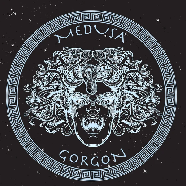 Boceto de la Gorgona de Medusa sobre un fondo negro de noche — Vector de stock