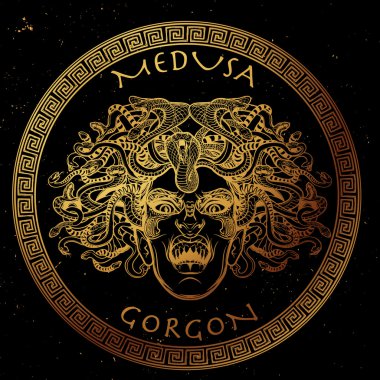 Medusa Gorgon sketch. Gold on black. clipart
