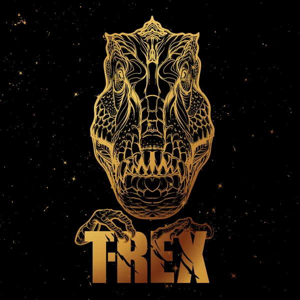 Tyrannosaurus testa ruggente con segno di t-rex. Oro su nero . — Vettoriale Stock