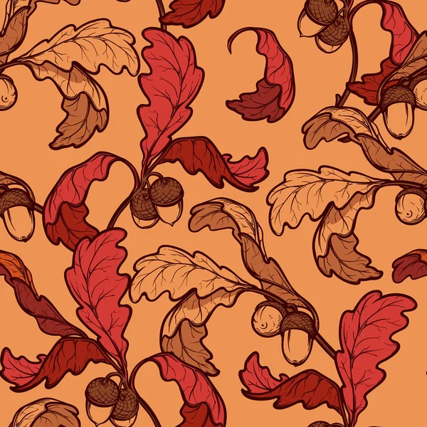 Otoño hojas de roble y bellotas patrón sin costuras — Vector de stock