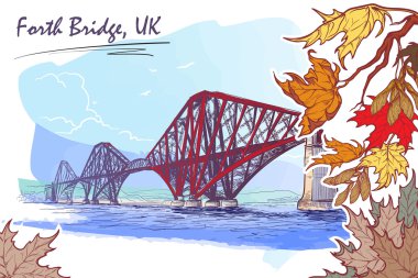 Forth Bridge painted sketch in autumn leaf frame clipart
