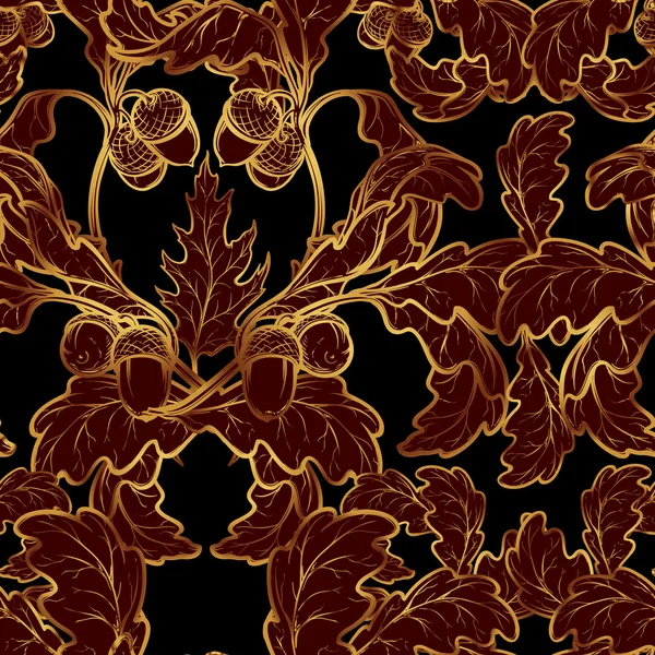 Otoño hojas de roble oro sin costuras en el patrón negro — Vector de stock