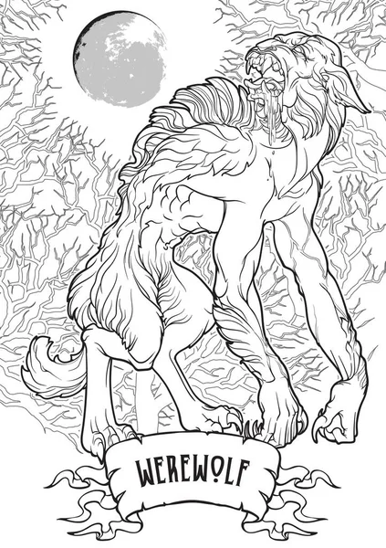 Werewolf in forest. Black on white — Stock Vector