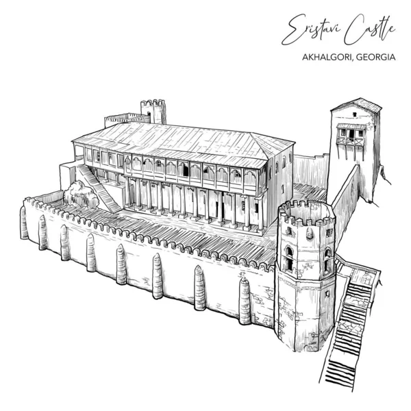 Palacio Duque de Ksani en Akhalgori Dibujo blanco y negro — Vector de stock