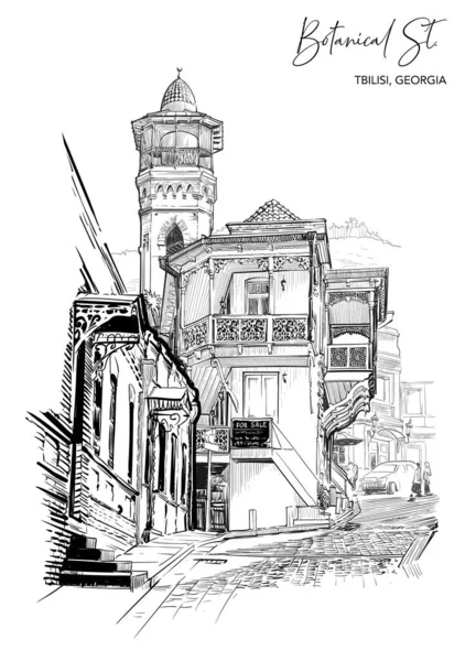 第比利斯老城区的植物学街黑白素描 — 图库矢量图片