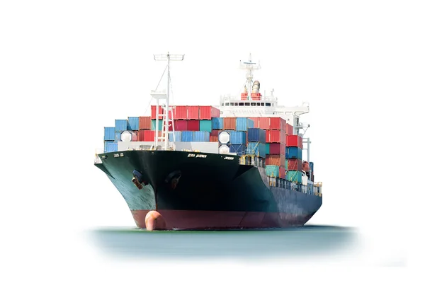 Container vrachtschip in de oceaan geïsoleerd op een witte achtergrond, goederenvervoer, verzendkosten, nautische vaartuig, logistieke Import Export achtergrond. — Stockfoto