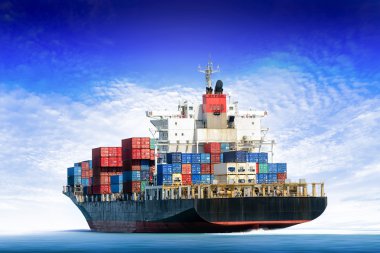 Cargo ship in the ocean with  blue sky, Freight Transportation. clipart