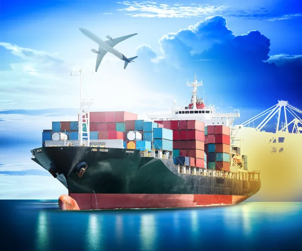 Container Cargo ship with ports crane bridge in harbor and Cargo plane for logistic import export background and transport industry. — Stock Photo, Image