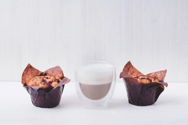 Homemade Delicious Blueberry Muffins Paper Cupcake Holder Cacao Dring Wooden — Stock Photo, Image
