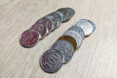 Endonezya 'nın rupia notları ahşap bir masaya düzgünce yerleştirilmiş ve çeşitli değerler sergilenmektedir. Günlük nakit ekonomisi kavramı.