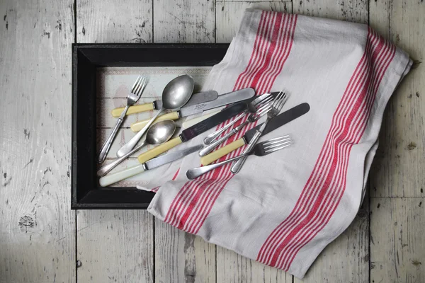 Bir kutu içinde Vintage çatal bıçak takımı