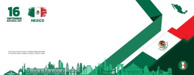 Geometrik minimalist Meksika Bağımsızlık Günü tasarımı, 16 Eylül tasarım element şablonu sağda dalgalanan kurdele bayrağı, Meksika haritası ve bayrağı