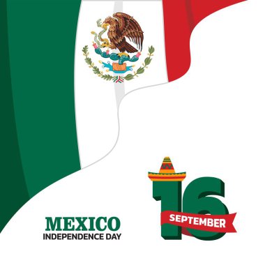Meksika Bağımsızlık Günü tasarımı, köşesinde bayrak olan 16 Eylül tasarım elementlerinin minimalist şablonu