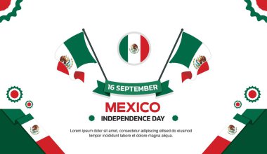 Yaşasın Meksika Bağımsızlık Günü Tasarımı, 16 Eylül tasarım elementlerinin minimalist şablonu merkezinde dalgalanan bayrak, Meksika haritası ve poster ve afiş şeklinde bayrak