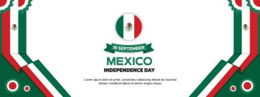 Meksika Bağımsızlık Günü tasarımı, 16 Eylül tasarım elementleri şablonu, her iki tarafta da geometrik şekilli kurdele bayrakları, Meksika haritası ve bayrağı var.