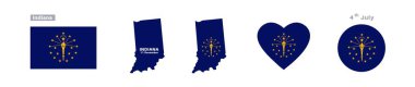 Indiana bayrağı ve haritası hazır. Resmi renklerde ve oranlarda Indiana bayrağı. 11 Aralık kutlamaları, harita, çember ve Indiana 'nın kalbi..