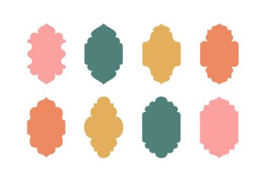 İslami kapı ve pencere Arap kemerleriyle renklendirilmiş. Oriental etiket koleksiyonu. Ramazan Kareem için Arap Müslüman tasarımlı çerçeveler. İzole cami kapısı şekilleri.