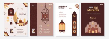 Ramazan Kareem pastel pankartı, poster, tebrik kartı ve cami, hilal ve düz geometrik şekildeki latern resimleri ile kapak tasarımı..