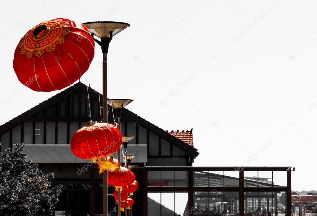 Chinese Lantern hanging on a line and playing in the wind
