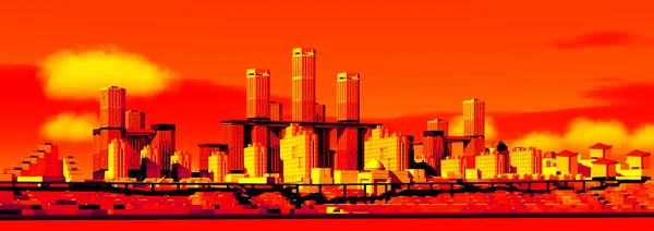 Futuristic city in the background of red sky — Stock Photo, Image