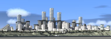 Mavi arka plan üzerinde yüksek kentsel binalar Panoraması